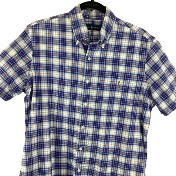 Ralph Lauren Blue Label Blue Plaid Shirt Size Medium Button‎ Down Short Sleeve - Picture 3 of 9
